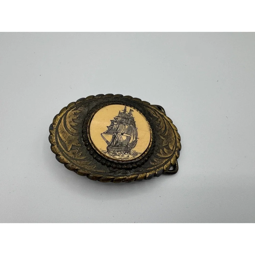 Vintage Oden Inc Brass Nautical Tall Ship Belt Buckle Oval Scrimshaw Style